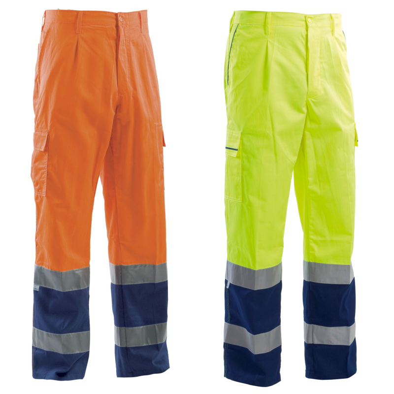 Pantaloni bicolore alta visibilità arancione giallo poliestere cotone DPI 2cat